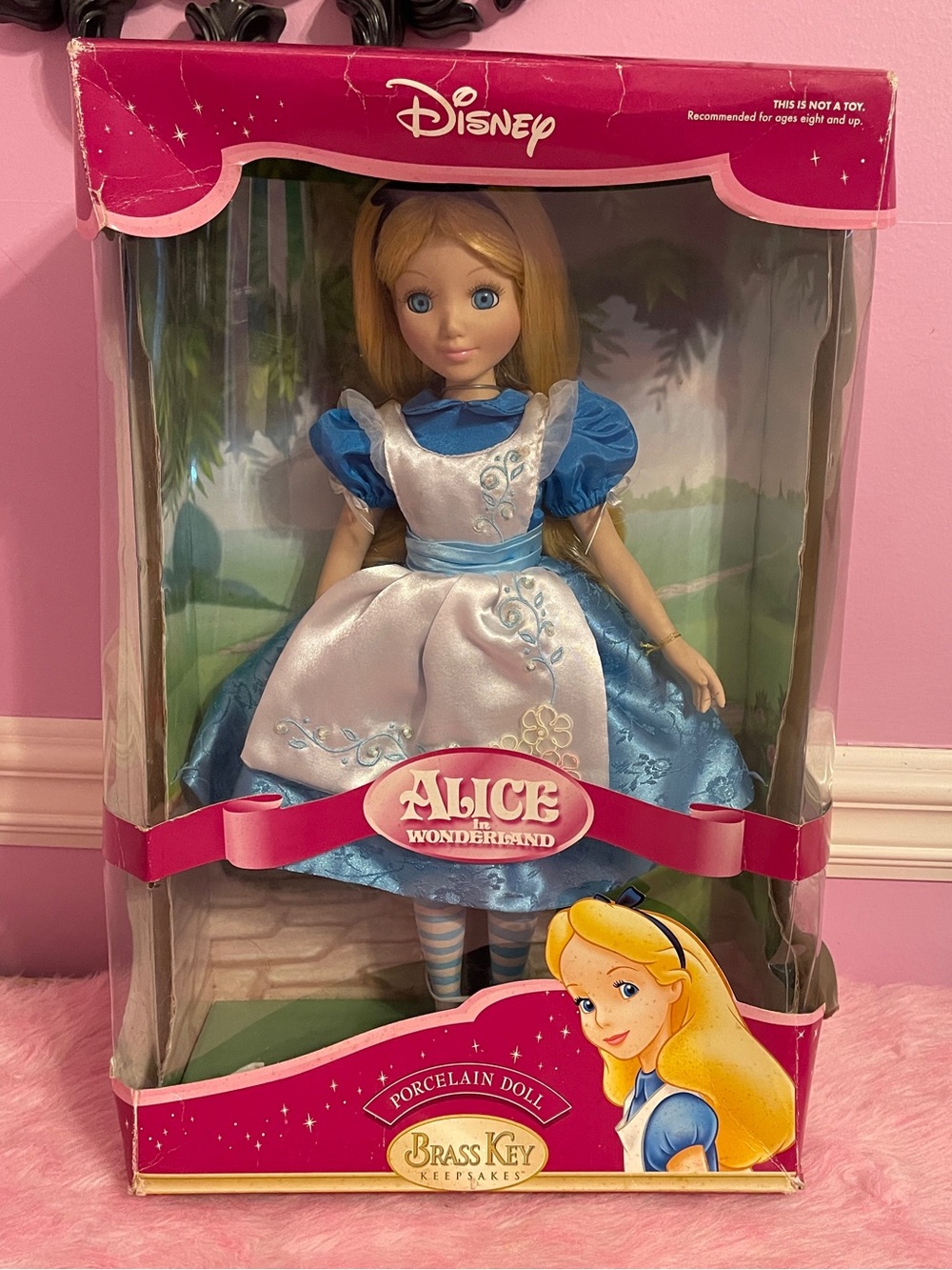 Y2k Disney 2005 Alice in wonderland brass key porcelain doll figure 16” keepsake